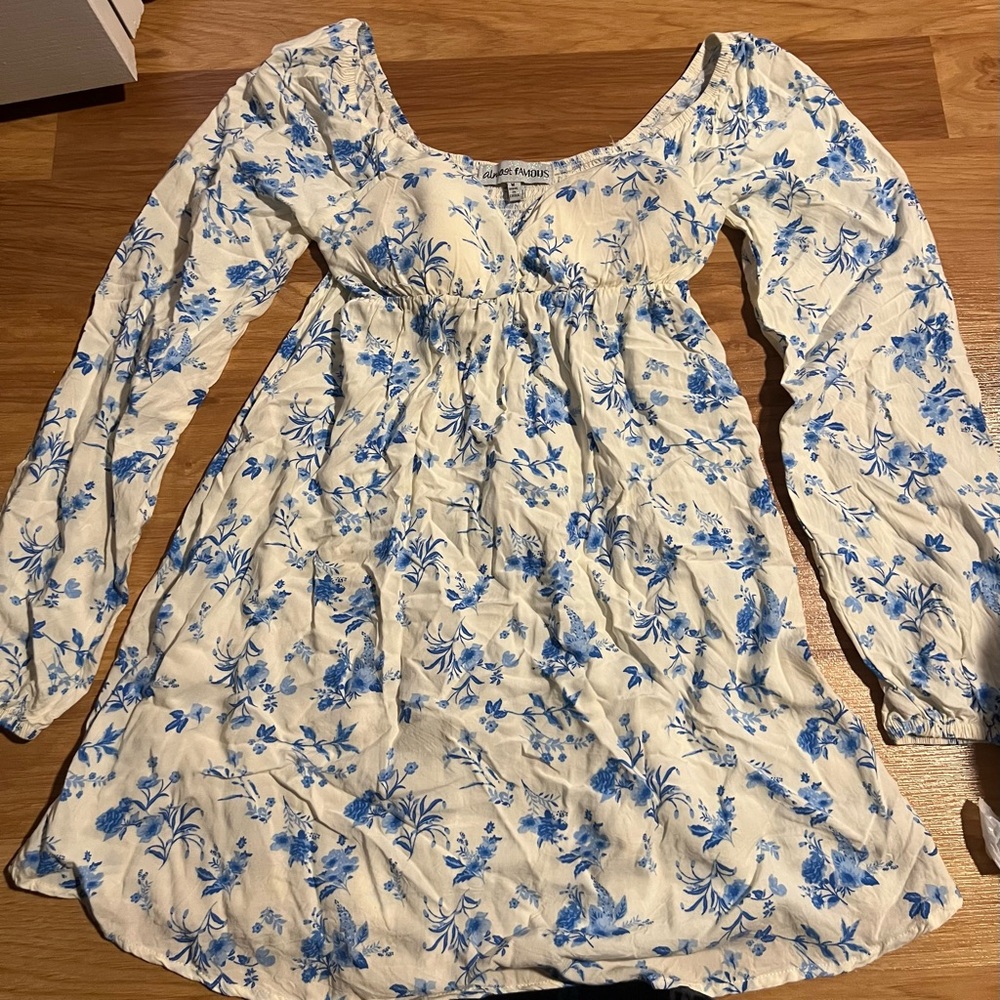 Blue Floral Scoop Neck Babydoll Dress